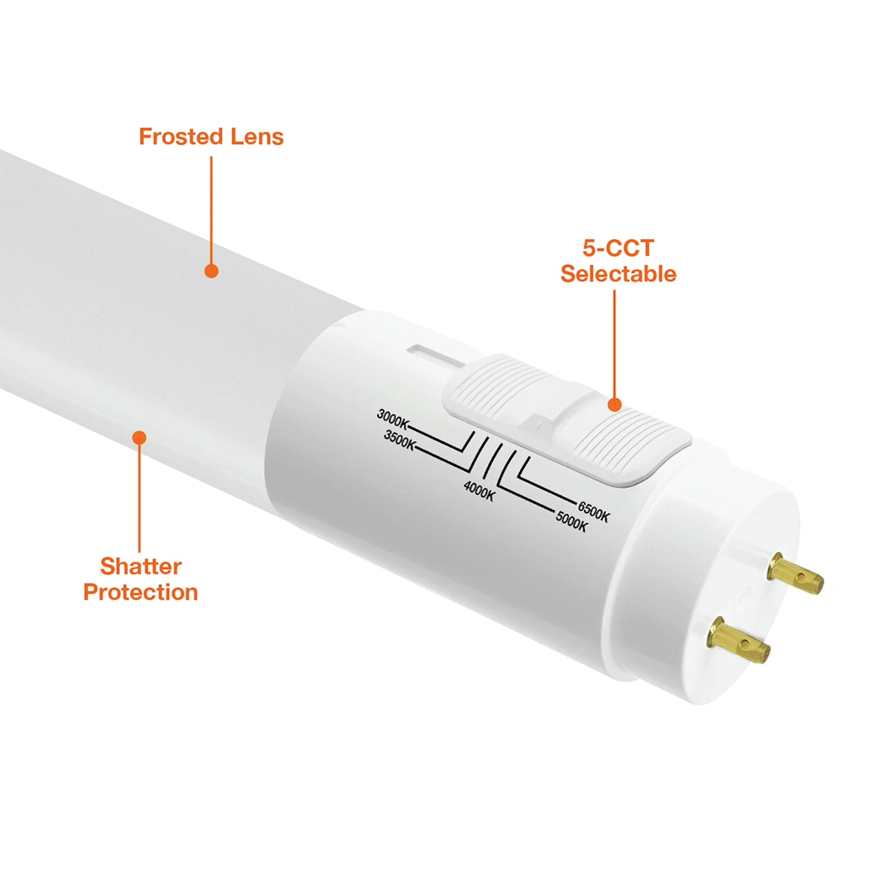 2ft 8W T8 LED Tube - Hybrid Type A B Ballast - 5-CCT Selectable - G13 Medium BiPin - 1,000 Lm - 30 Pack