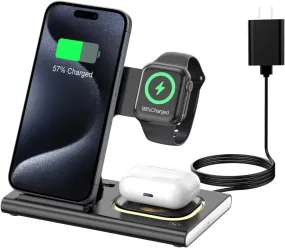 3 in 1 Foldable Charging Station Compatible with Apple Products,Fast Wireless Charger Travel Dock Adapter&Light for Iphone 15 14 13 12 11 Pro Max,Watch 9 8 7 6 5 4 3 2 Se and Airpods,Black