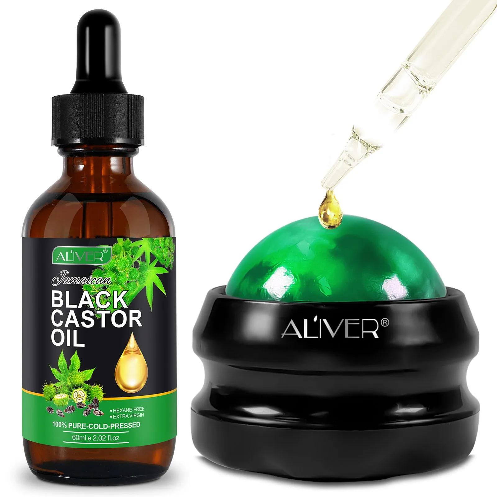 Aliver Massage Roller Ball (Green)   60ml Black Castor Massage Oil for body