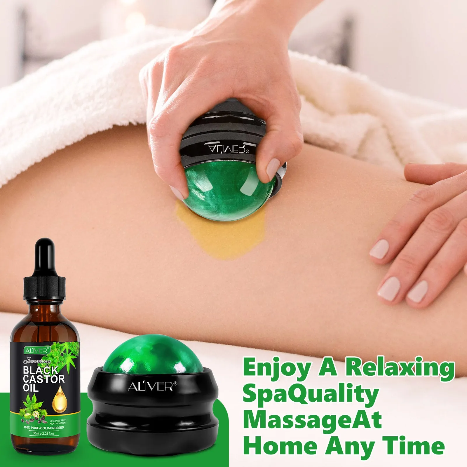Aliver Massage Roller Ball (Green)   60ml Black Castor Massage Oil for body