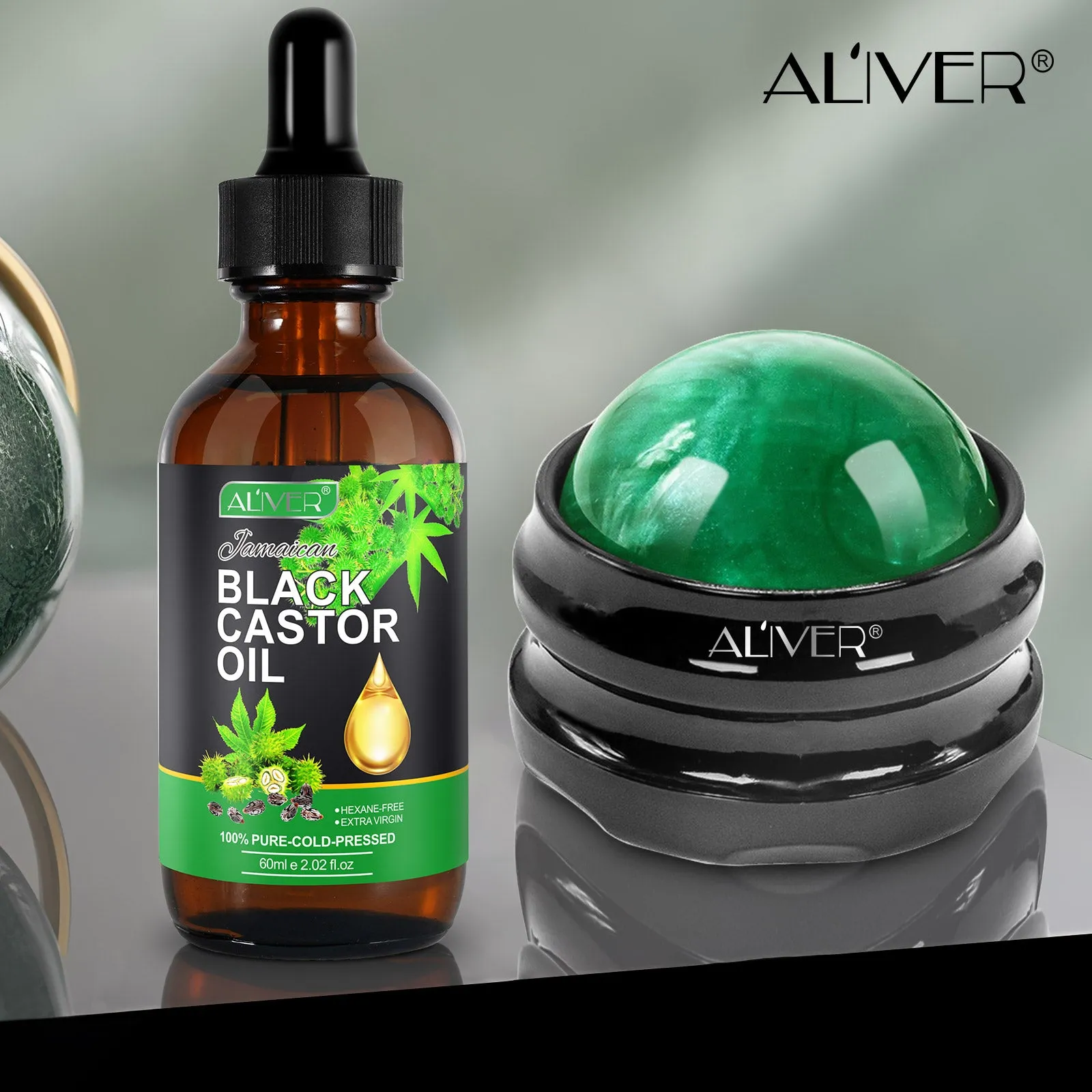 Aliver Massage Roller Ball (Green)   60ml Black Castor Massage Oil for body