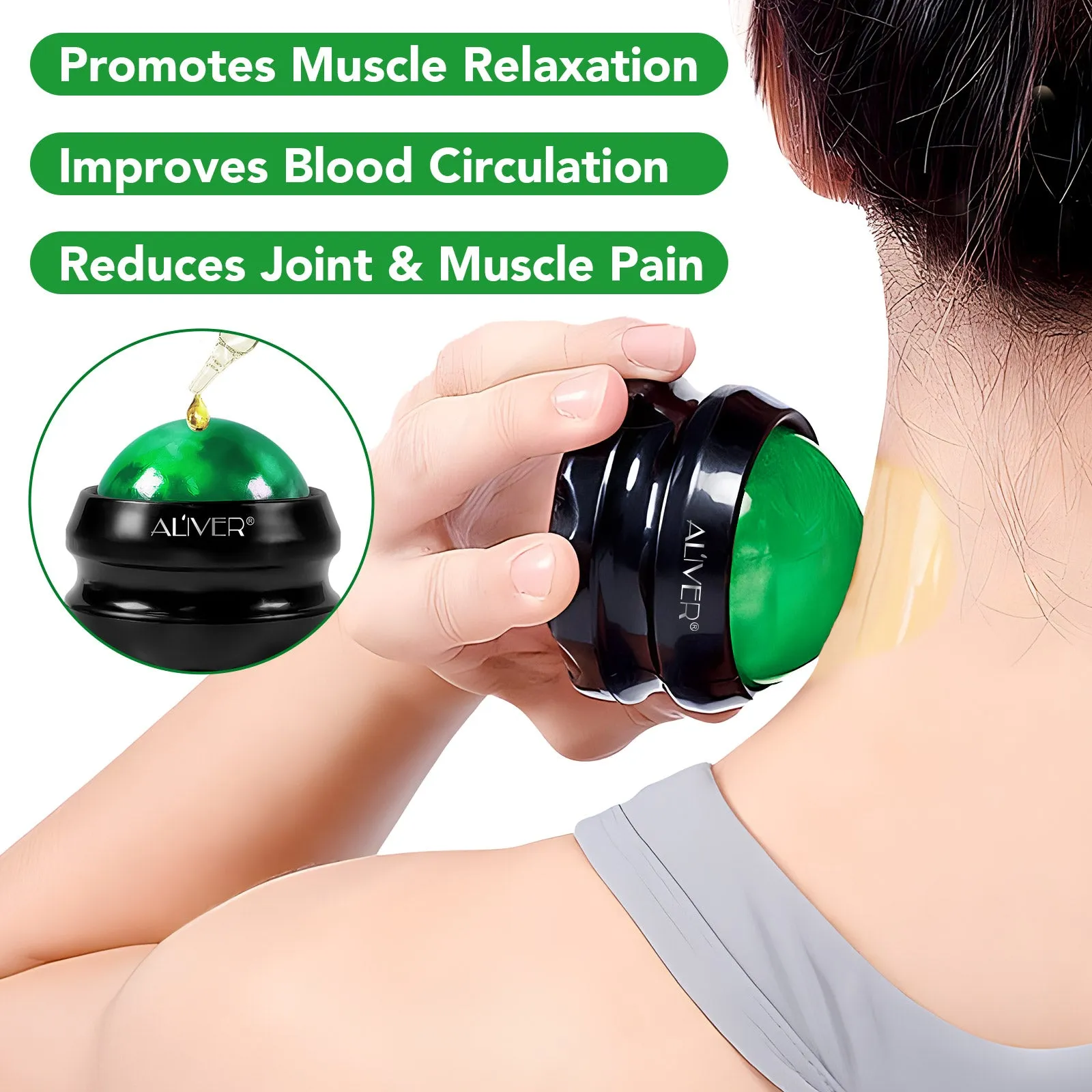 Aliver Massage Roller Ball (Green)   60ml Black Castor Massage Oil for body
