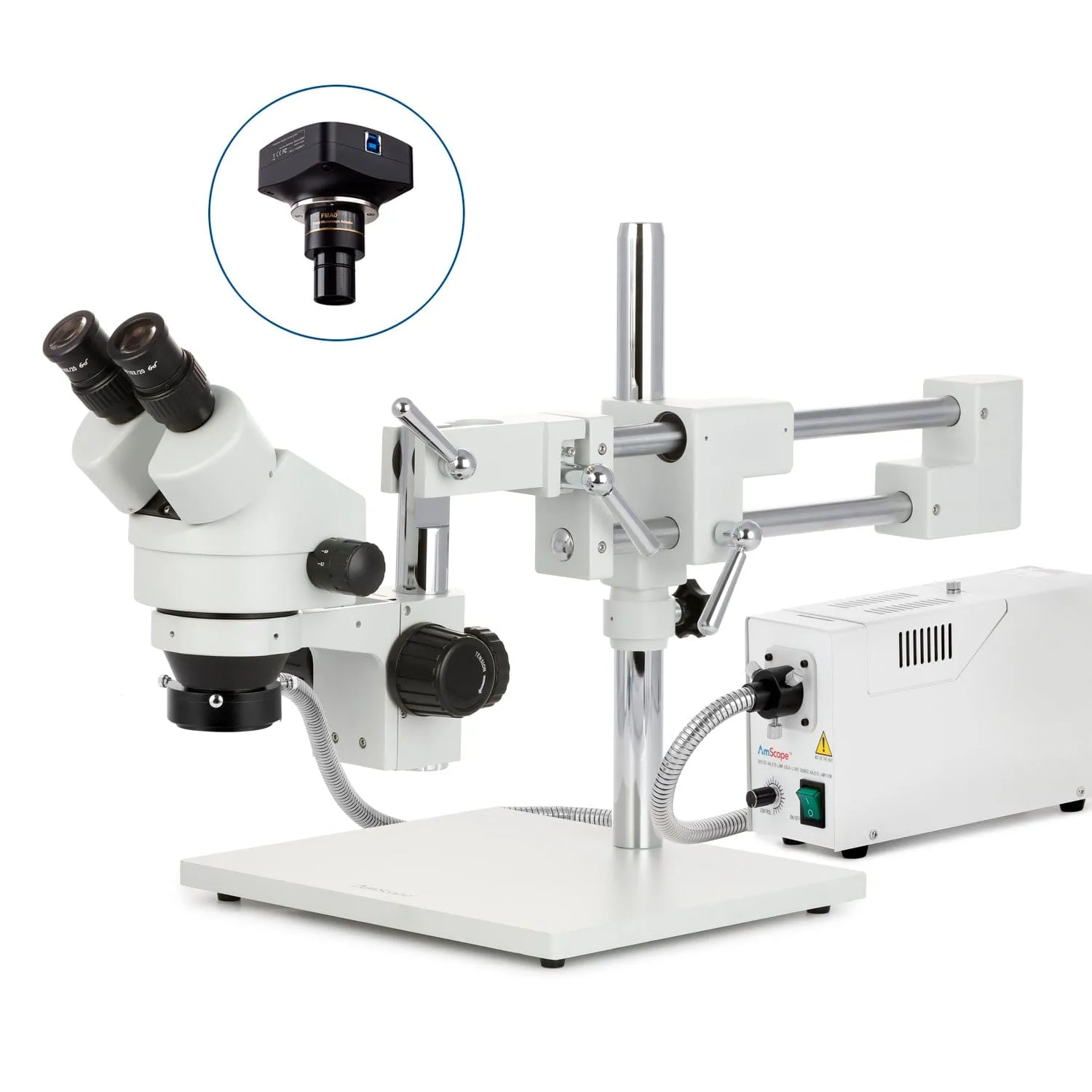AmScope SM-4 Series Zoom Binocular Stereo Microscope with 150W Halogen Ring Light and Optional Digital Camera on Double Arm Boom Stand