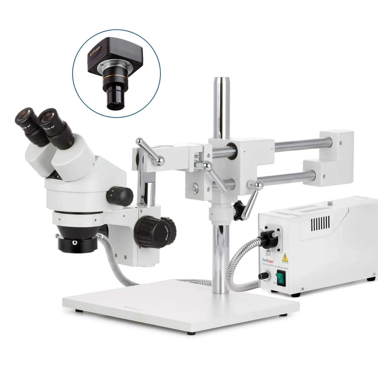 AmScope SM-4 Series Zoom Binocular Stereo Microscope with 150W Halogen Ring Light and Optional Digital Camera on Double Arm Boom Stand
