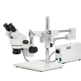 AmScope SM-4 Series Zoom Binocular Stereo Microscope with 150W Halogen Ring Light and Optional Digital Camera on Double Arm Boom Stand