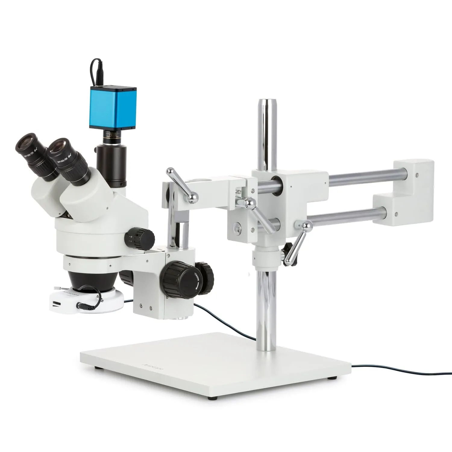 AmScope SM-4 Series Zoom Trinocular Stereo Microscope with 144 LED Compact Ring Light and Auto Focus Camera on Double Arm Boom Stand