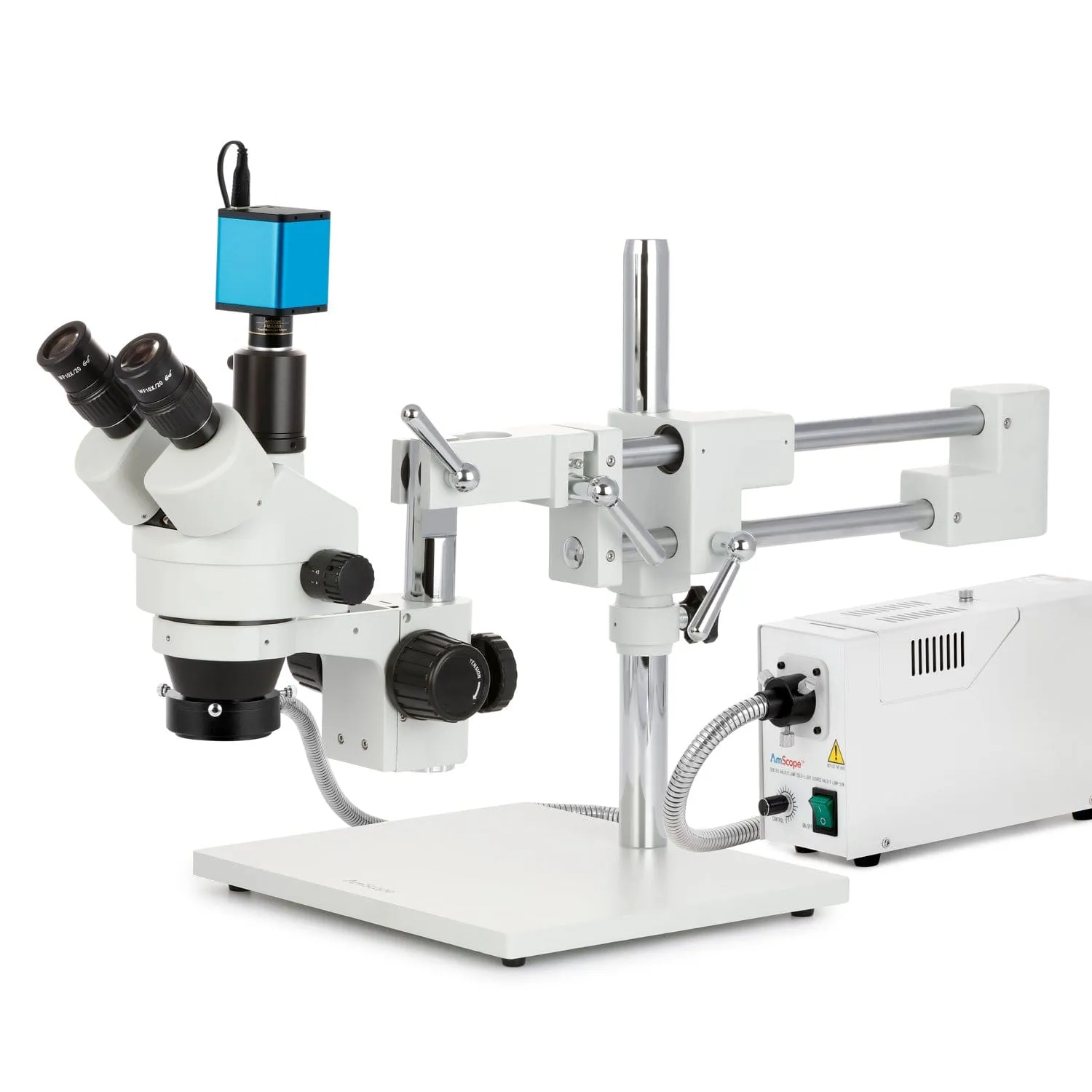 AmScope SM-4 Series Zoom Trinocular Stereo Microscope with 150W Halogen Ring Light and Auto Focus Camera on Double Arm Boom Stand