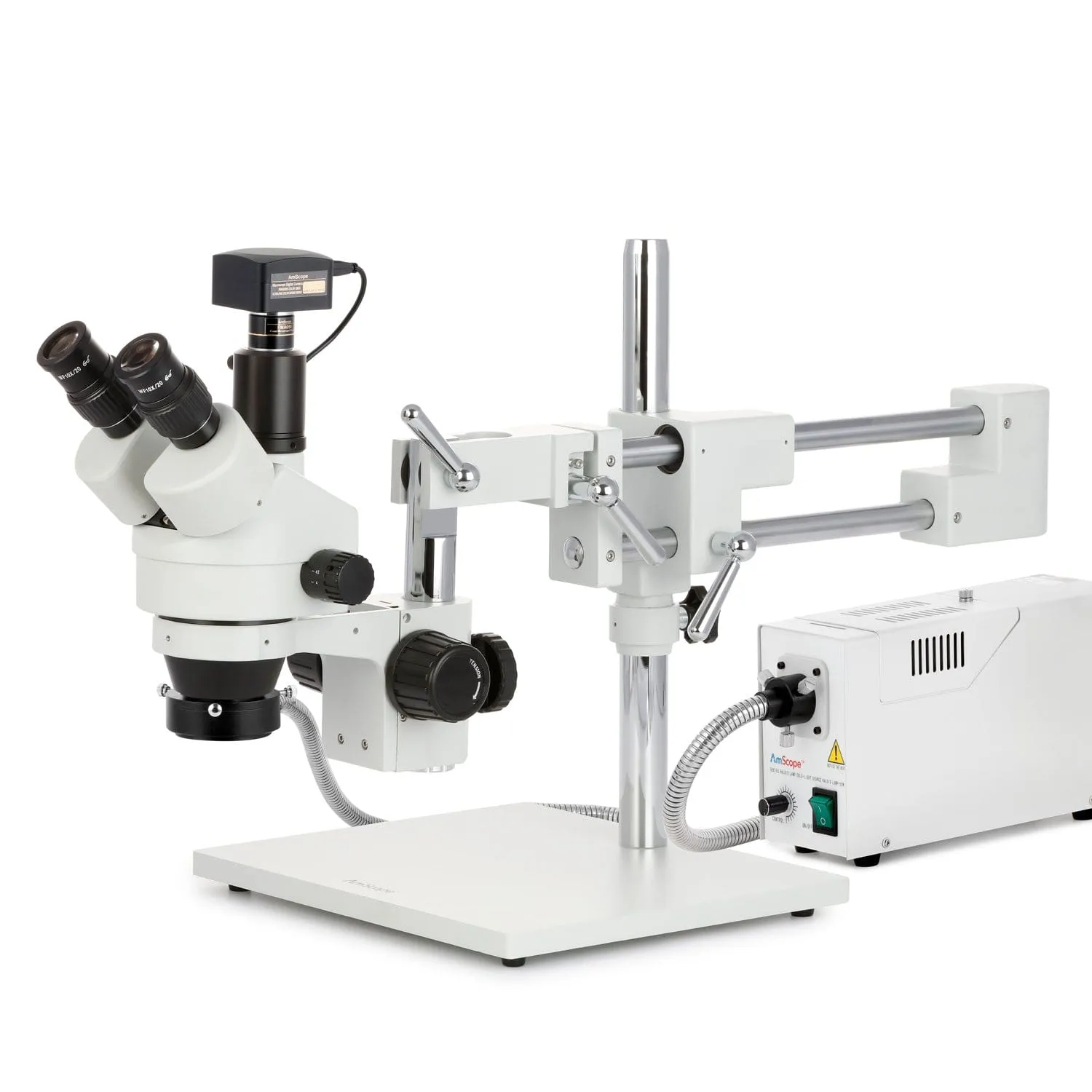 AmScope SM-4 Series Zoom Trinocular Stereo Microscope with 150W Halogen Ring Light and Optional Digital Camera on Double Arm Boom Stand