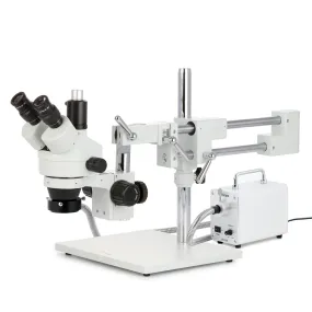 AmScope SM-4 Series Zoom Trinocular Stereo Microscope with 30W LED Fiber Optic Ring Light and Auto Focus Camera on Double Arm Boom Stand