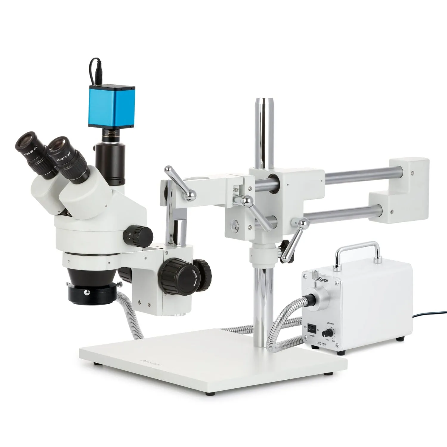 AmScope SM-4 Series Zoom Trinocular Stereo Microscope with 30W LED Fiber Optic Ring Light and Auto Focus Camera on Double Arm Boom Stand