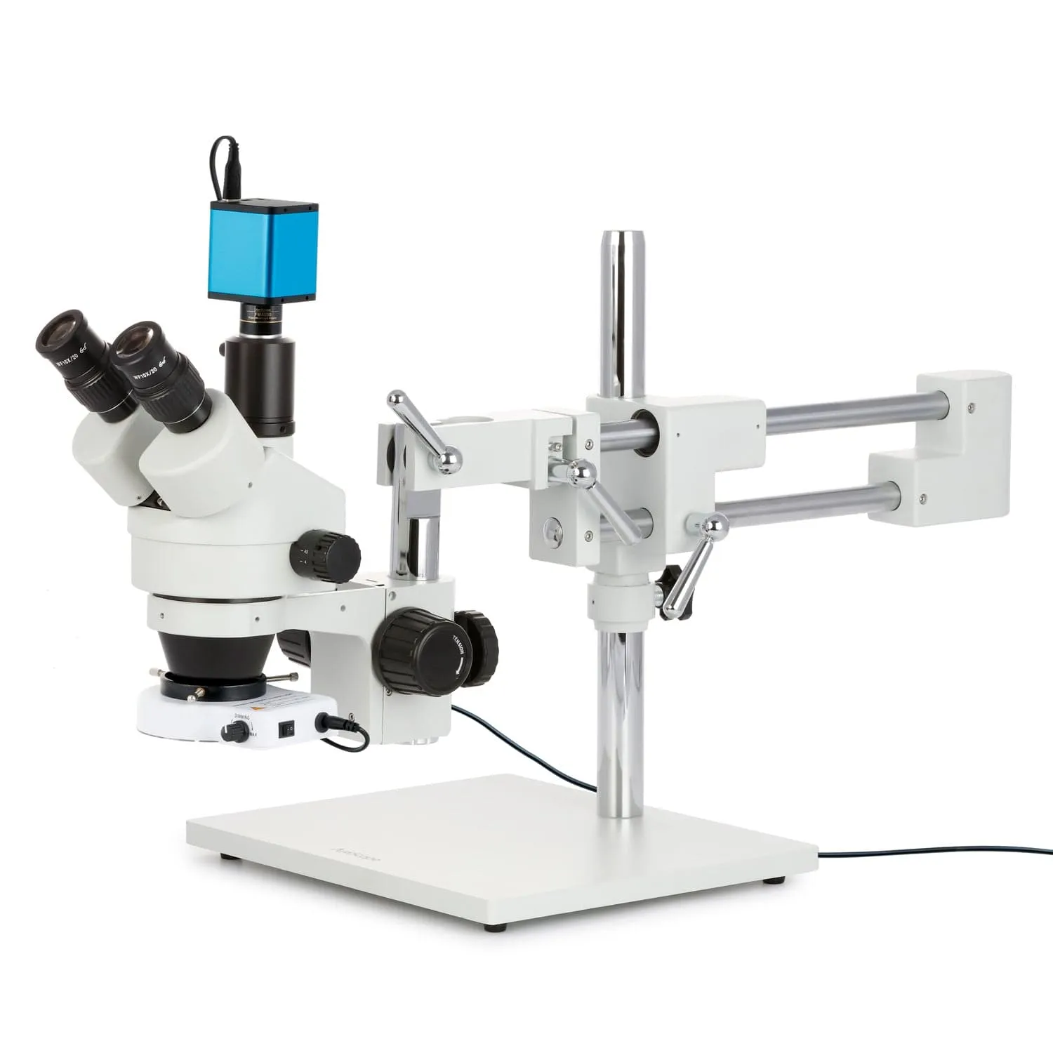 AmScope SM-4 Series Zoom Trinocular Stereo Microscope with 80 LED Compact Ring Light and Auto Focus Camera on Double Arm Boom Stand
