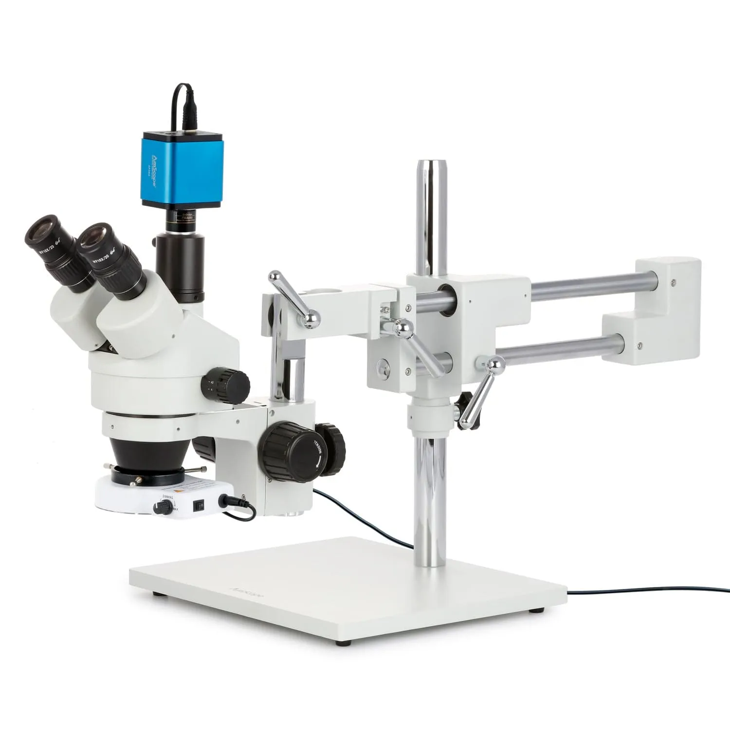 AmScope SM-4 Series Zoom Trinocular Stereo Microscope with 80 LED Compact Ring Light and Auto Focus Camera on Double Arm Boom Stand