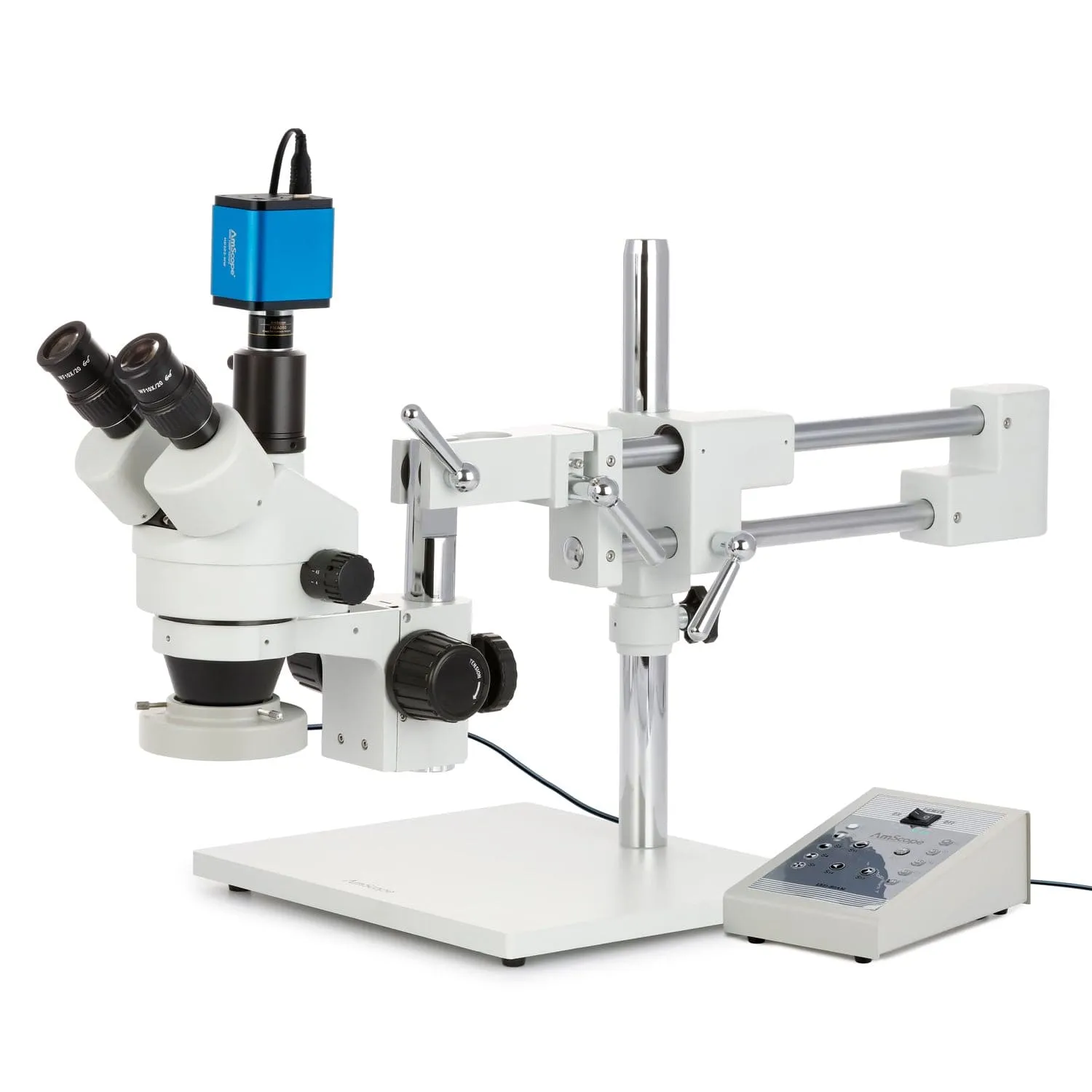 AmScope SM-4 Series Zoom Trinocular Stereo Microscope with 80 LED Direction Variable Ring Light and HDMI Camera on Double Arm Boom Stand