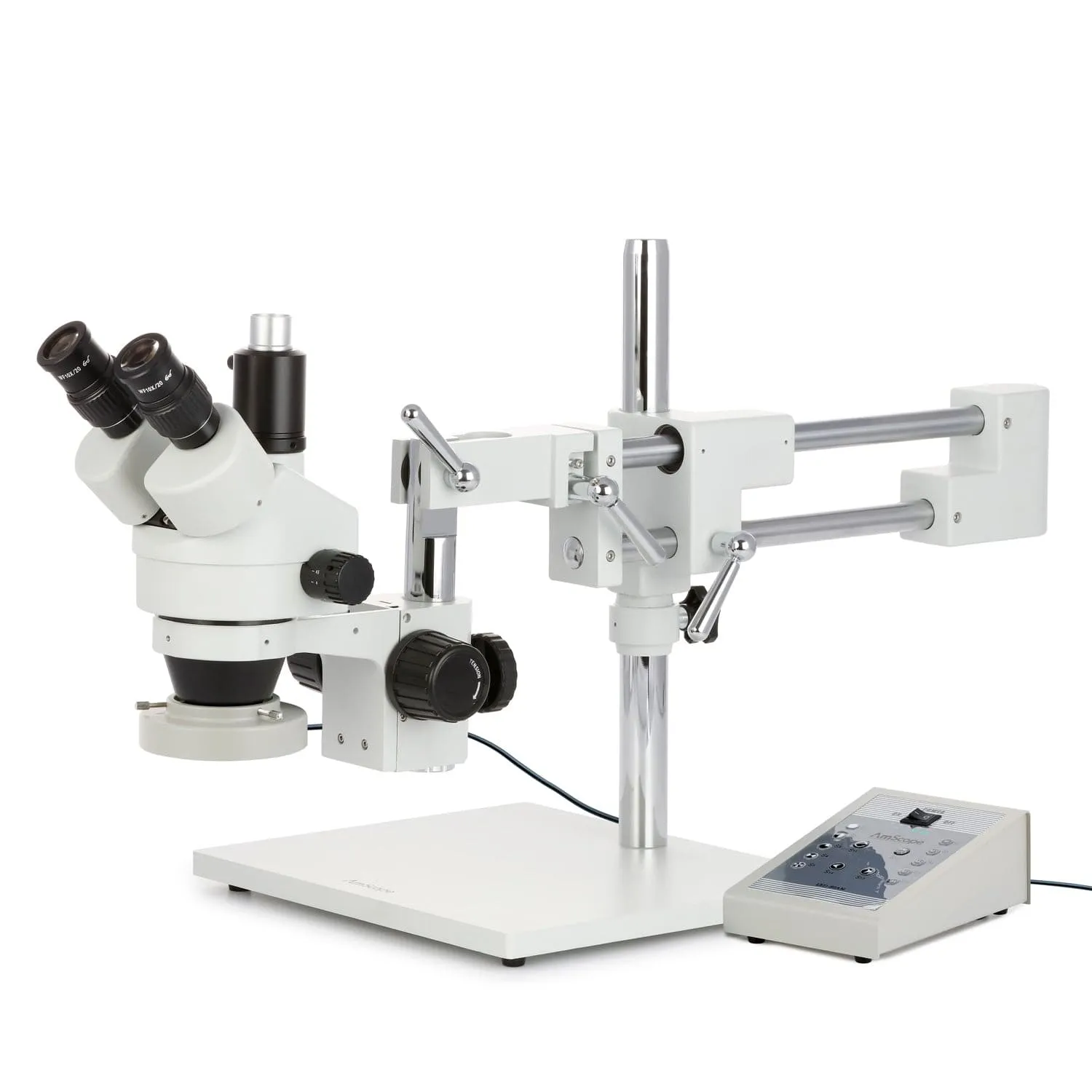 AmScope SM-4 Series Zoom Trinocular Stereo Microscope with 80 LED Direction Variable Ring Light and HDMI Camera on Double Arm Boom Stand