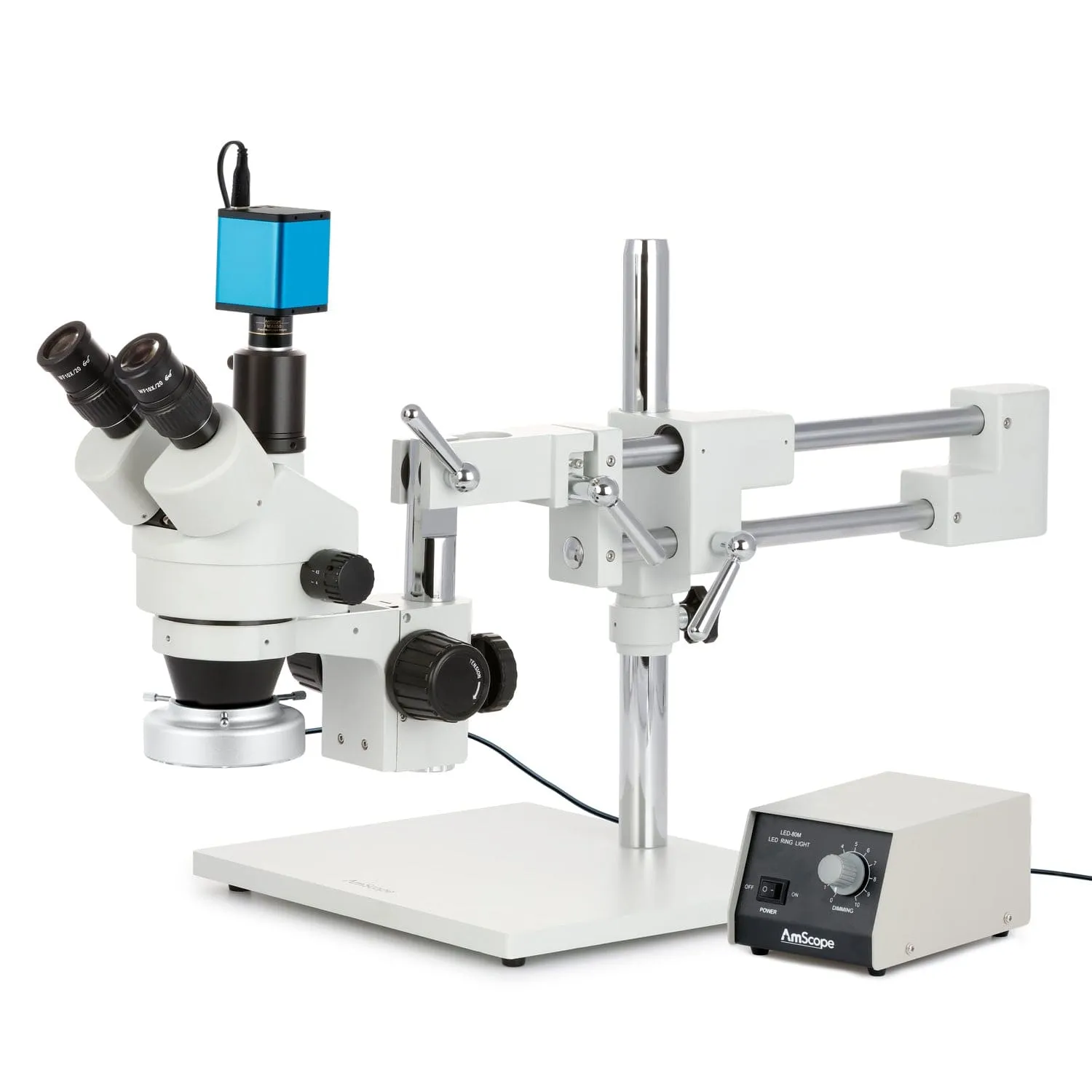 AmScope SM-4 Series Zoom Trinocular Stereo Microscope with Heavy Duty 80 LED Ring Light and Auto Focus Camera on Double Arm Boom Stand
