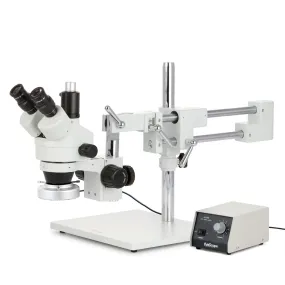 AmScope SM-4 Series Zoom Trinocular Stereo Microscope with Heavy Duty 80 LED Ring Light and Auto Focus Camera on Double Arm Boom Stand