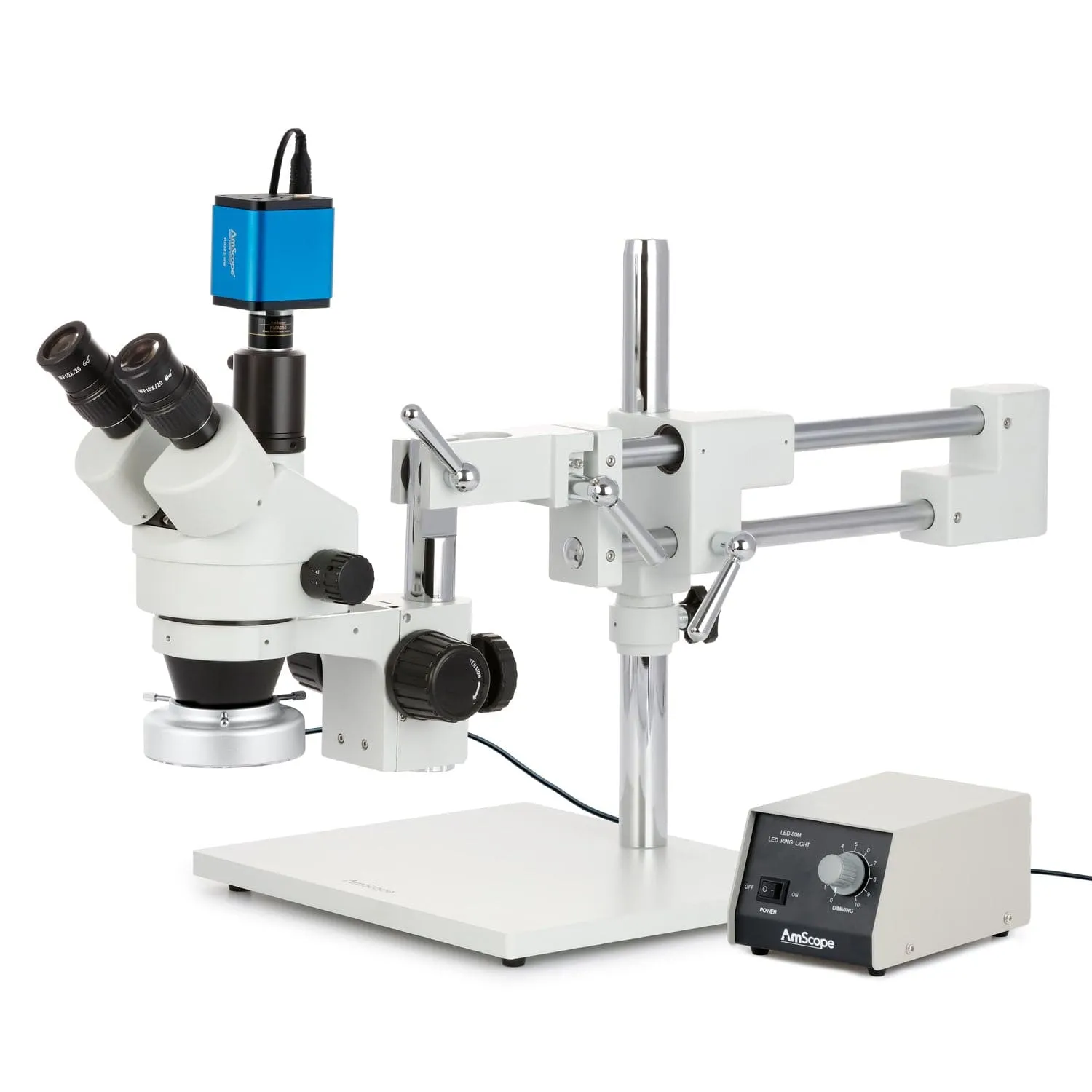 AmScope SM-4 Series Zoom Trinocular Stereo Microscope with Heavy Duty 80 LED Ring Light and HDMI Camera on Double Arm Boom Stand