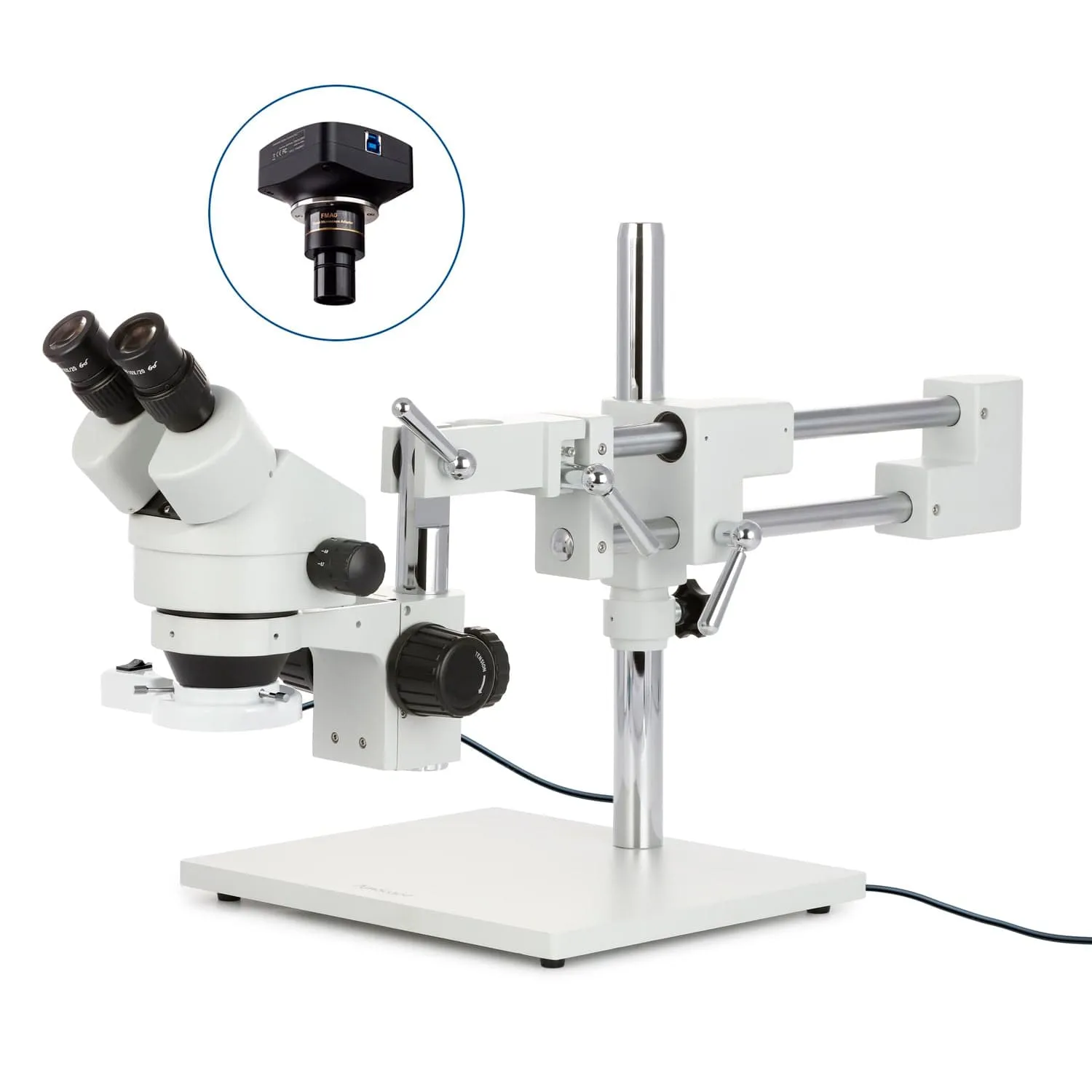AmScope SM-4B Series Binocular Zoom Stereo Microscope with 8W Fluorescent Ring Light and Optional Digital Camera on Double Arm Boom Stand