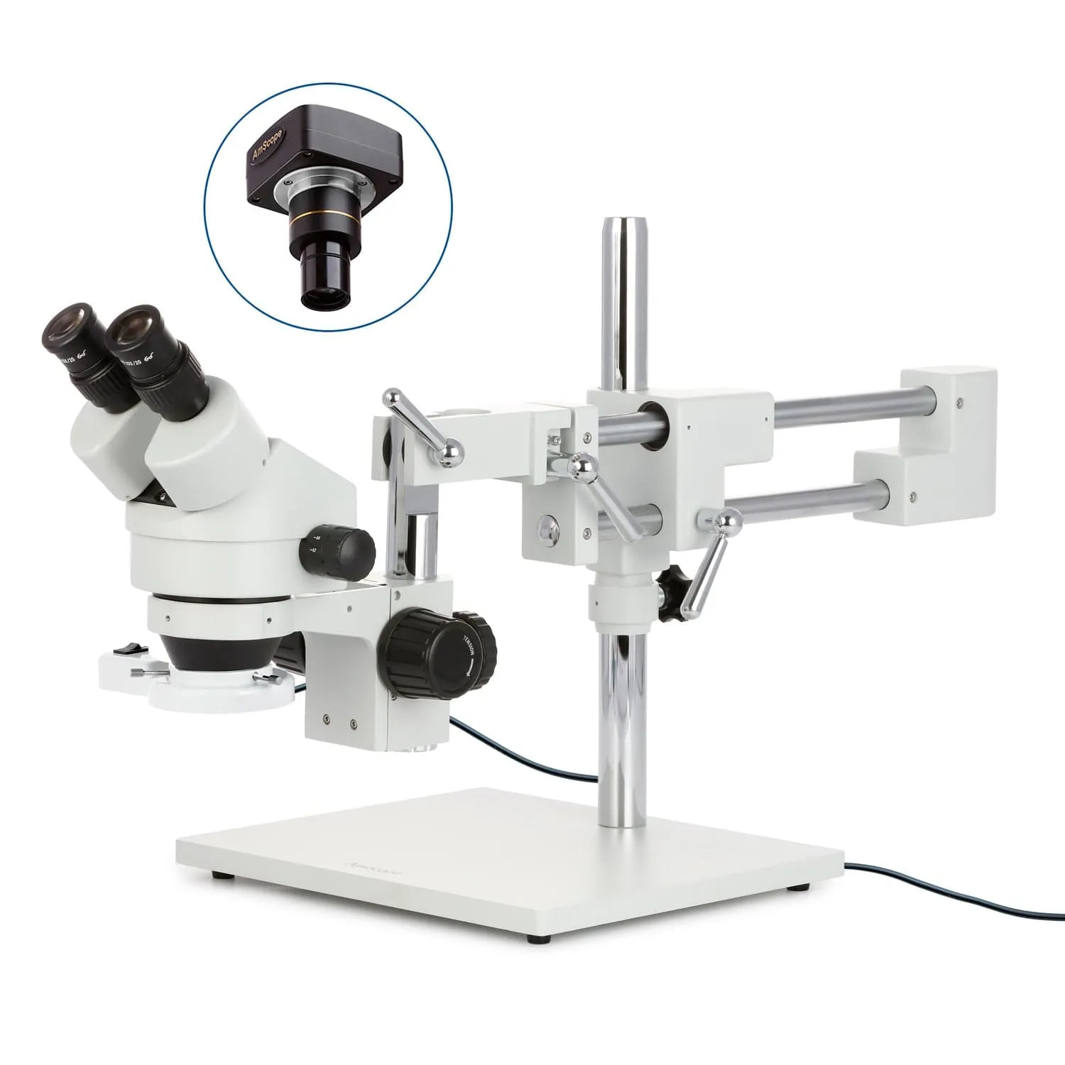 AmScope SM-4B Series Binocular Zoom Stereo Microscope with 8W Fluorescent Ring Light and Optional Digital Camera on Double Arm Boom Stand