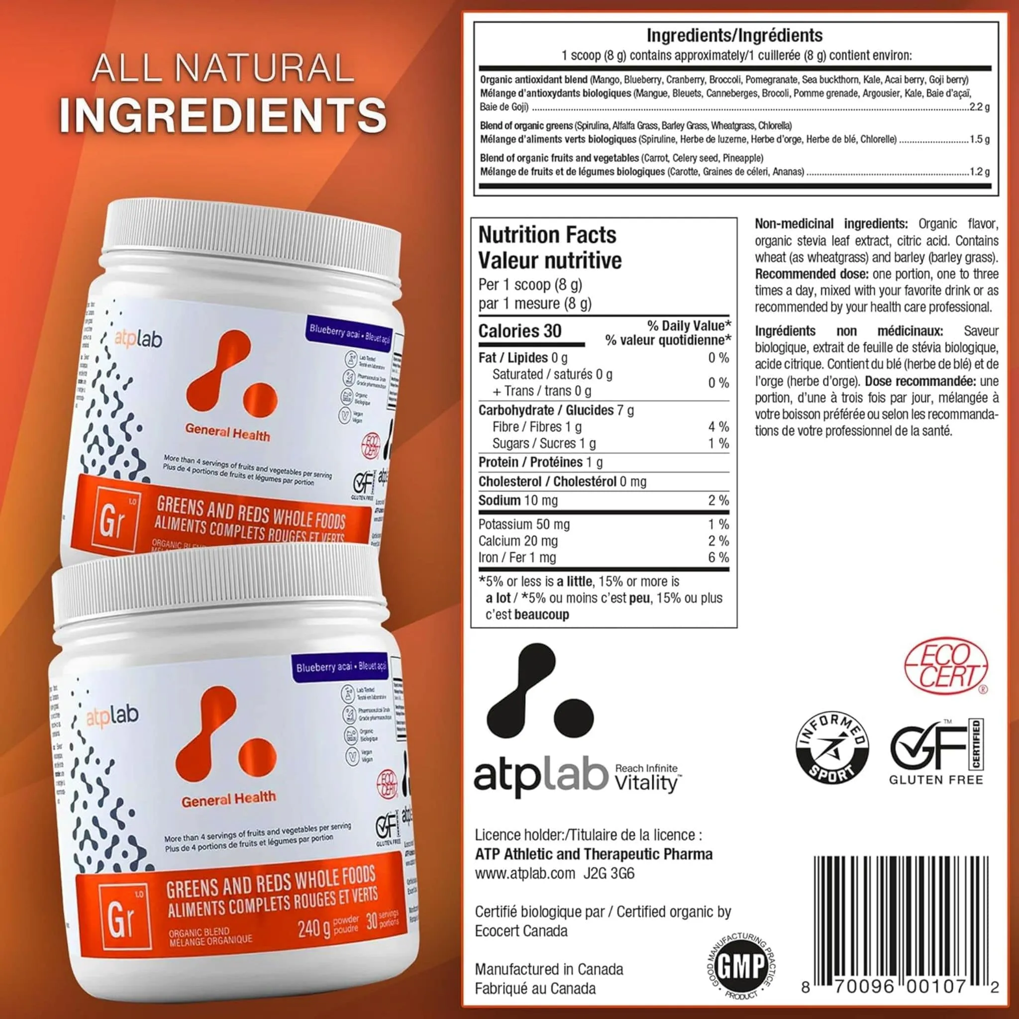ATP Lab Greens & Reds Whole Foods Powder, 240g