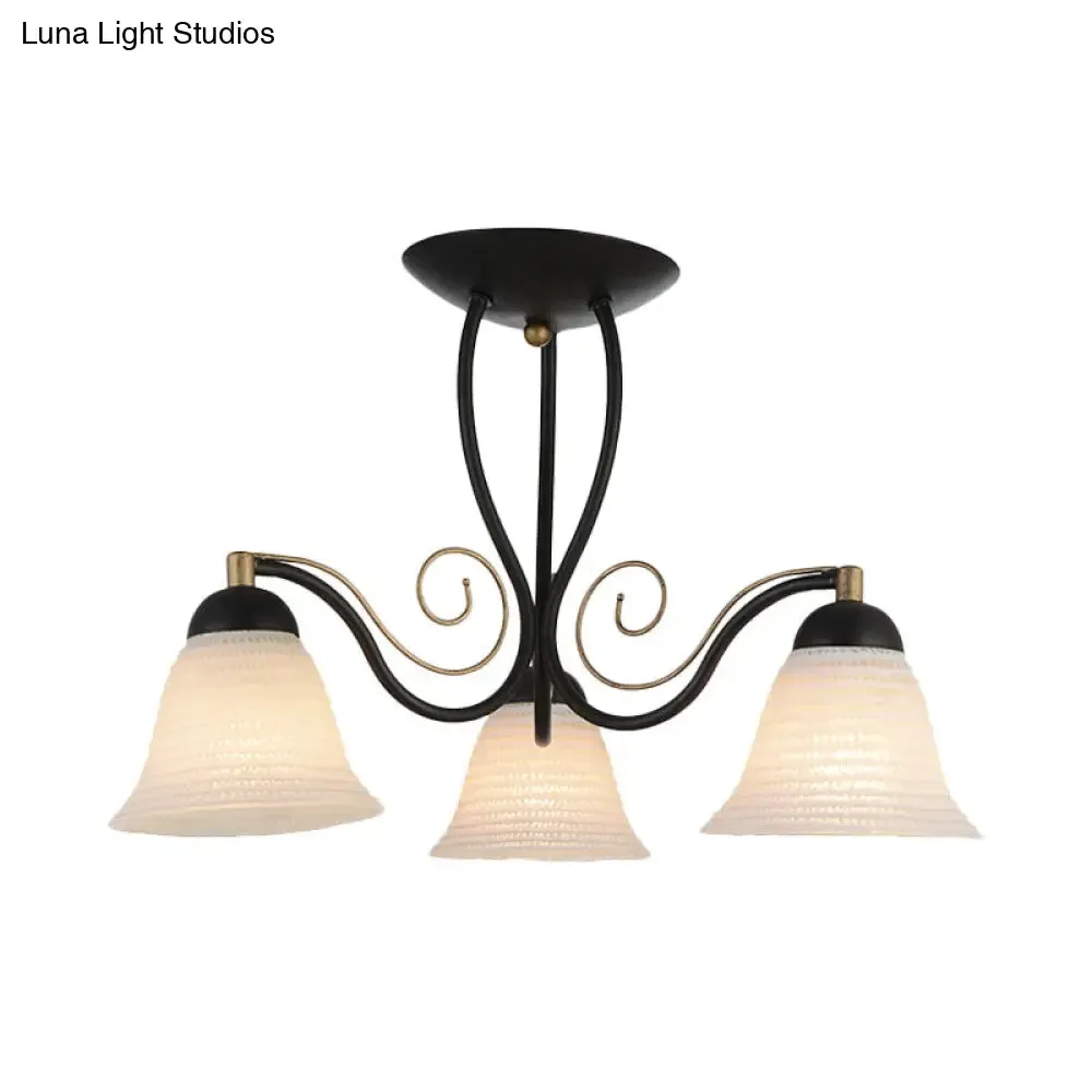 Bell Rustic Opal Glass Ceiling Light Fixture - Semi Flush Mount, 3 Heads, Black, for Bedroom