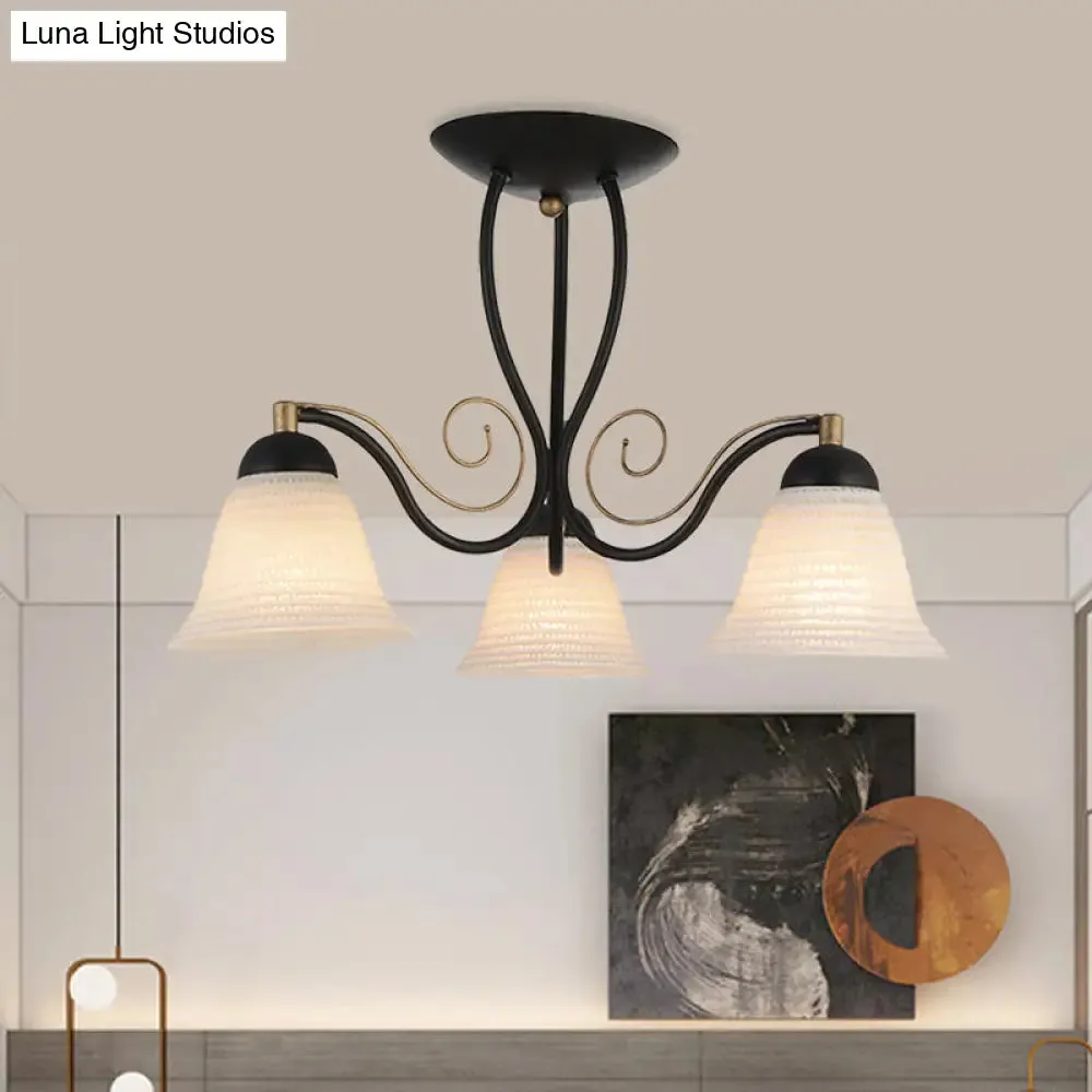 Bell Rustic Opal Glass Ceiling Light Fixture - Semi Flush Mount, 3 Heads, Black, for Bedroom