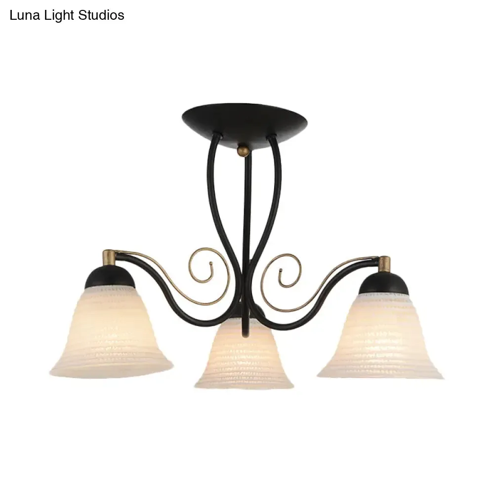 Bell Rustic Opal Glass Ceiling Light Fixture - Semi Flush Mount, 3 Heads, Black, for Bedroom