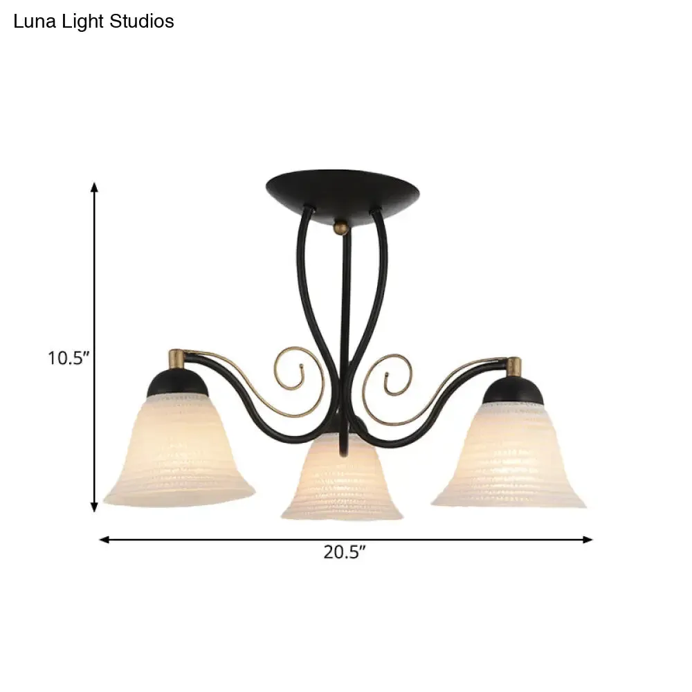 Bell Rustic Opal Glass Ceiling Light Fixture - Semi Flush Mount, 3 Heads, Black, for Bedroom
