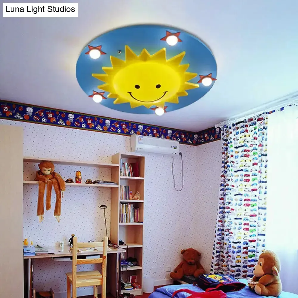 Blue Wood Flushmount Ceiling Light with 6 Bulbs for Kids' Bedroom