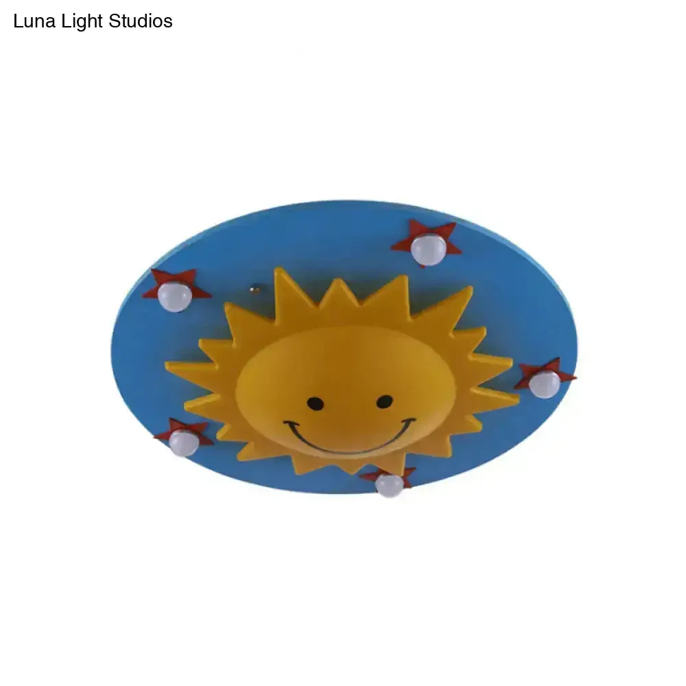 Blue Wood Flushmount Ceiling Light with 6 Bulbs for Kids' Bedroom