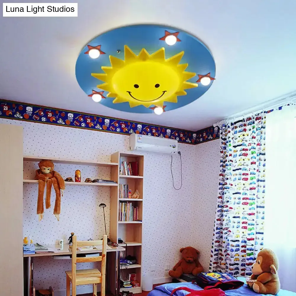 Blue Wood Flushmount Ceiling Light with 6 Bulbs for Kids' Bedroom