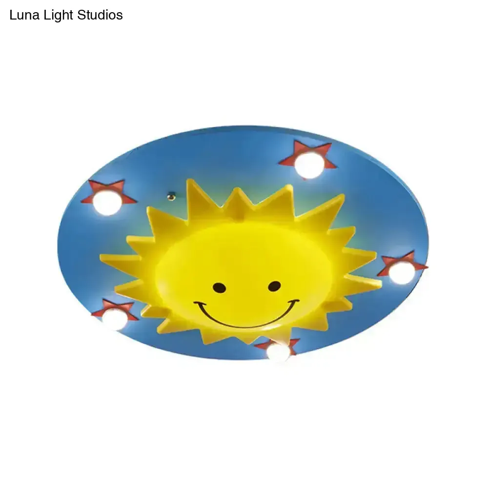 Blue Wood Flushmount Ceiling Light with 6 Bulbs for Kids' Bedroom