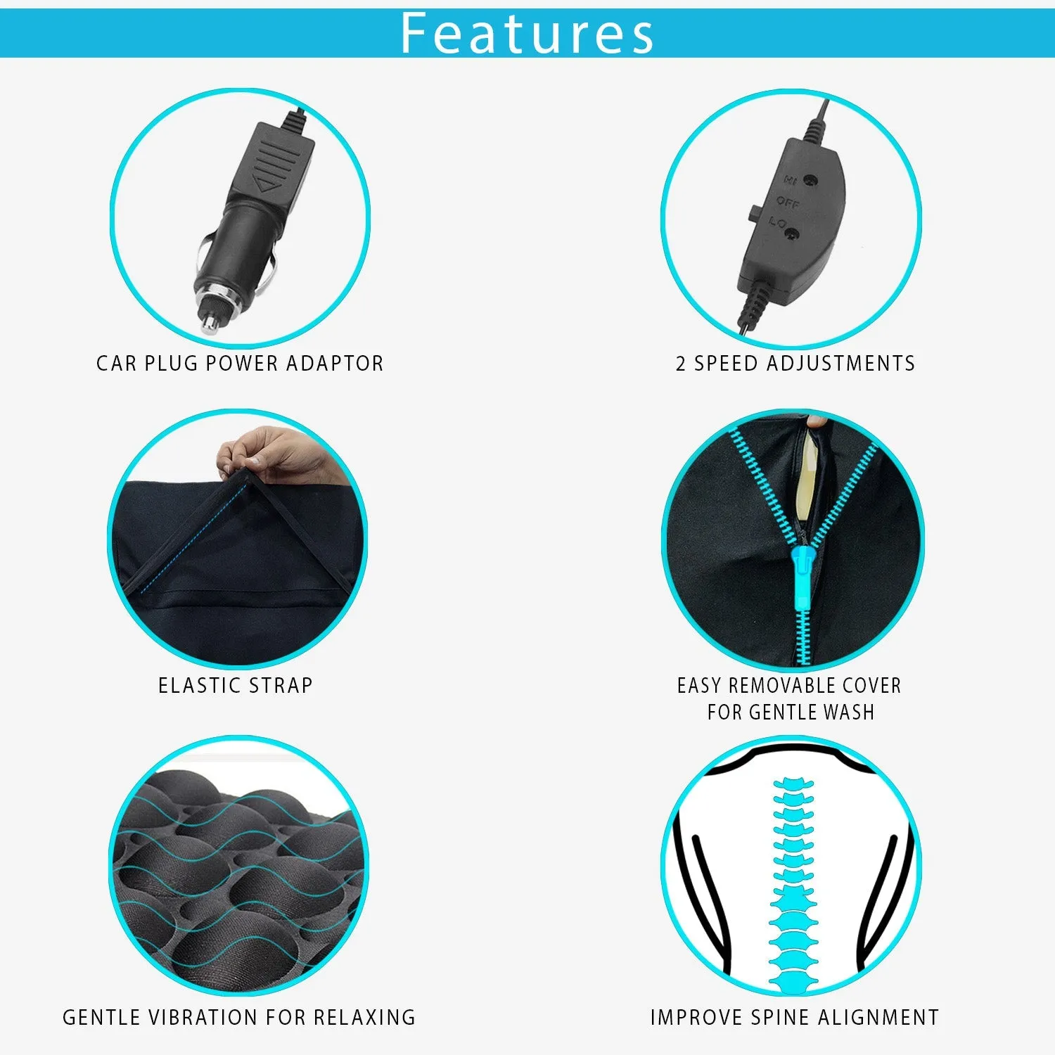 Car Seat Back Rest Lumbar Support 12V Vibrating Electrical Massager Cushion Pillow - 2 Speed Modes, Black, 1 Piece