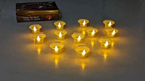 Dwarakesh Enterprises® Pack of 12 Battery Powered high brigh 7.5 cm Size Reflective Wax White Colored flameless Ambient Romantic Yellow e-Led Tea Light Candles with Big Transparent flammen Wick