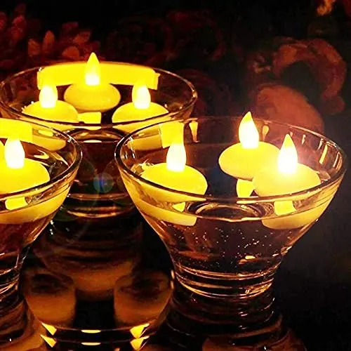 FESTIVE BLESSINGS Flameless Sensor Waterproof Candle Lamp Float On Water Led Plastic Floating Tea Lights | Electric Candle Lights for Decoration | Diwali Lights - White, Set of 24