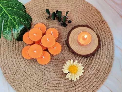 Kairos Homes Soy Wax Unscented Tealight Candles in Heat Resistant Polycarbonate Cups, Burn time upto 3 Hours Each, Ideal for Home Decor, Birthday Decor, Festival & Diwali - Set of 50 Candles - Orange