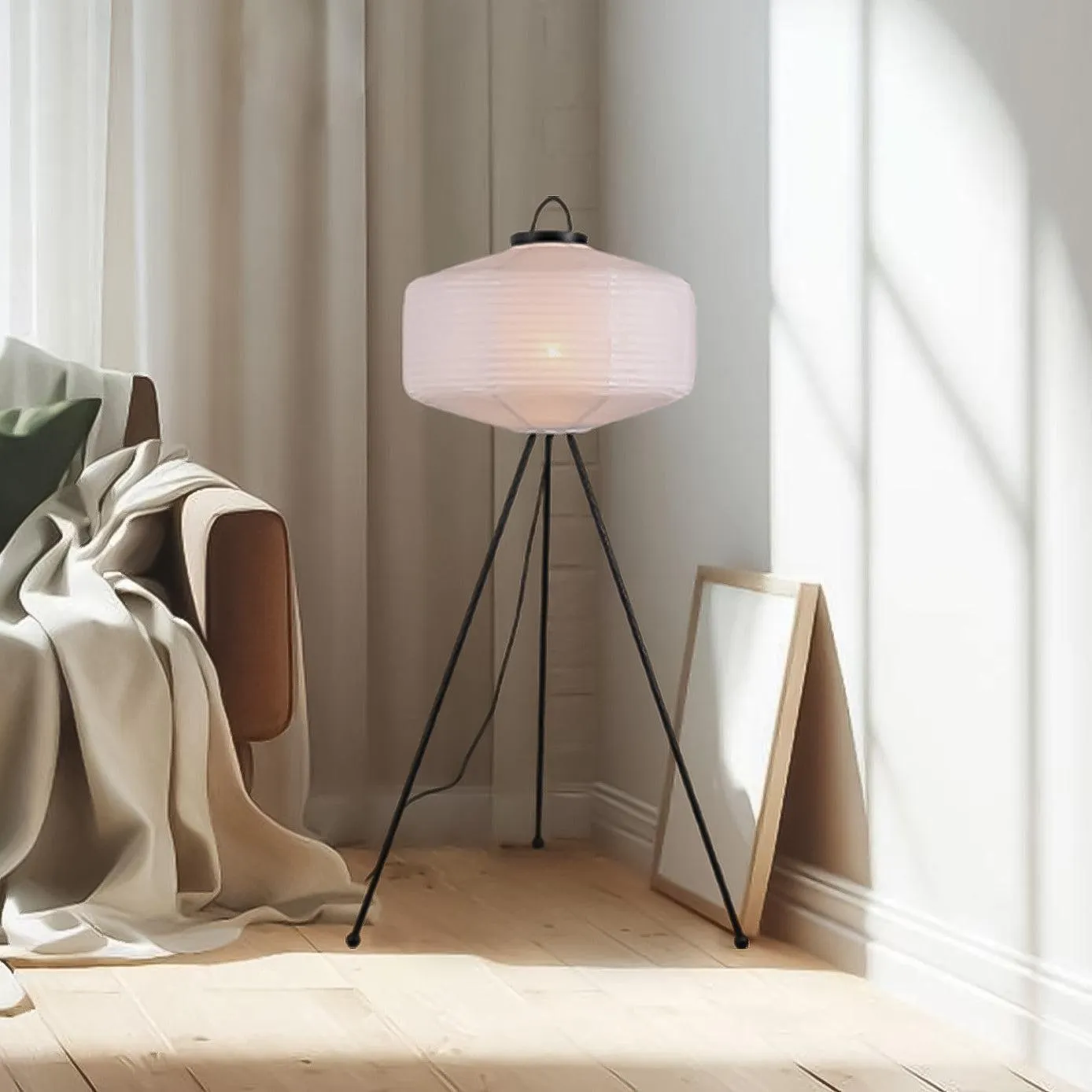 Kennedy Tripod Iron Floor Lamp - Black, White Paper Shade, 1360mm High, PL0287