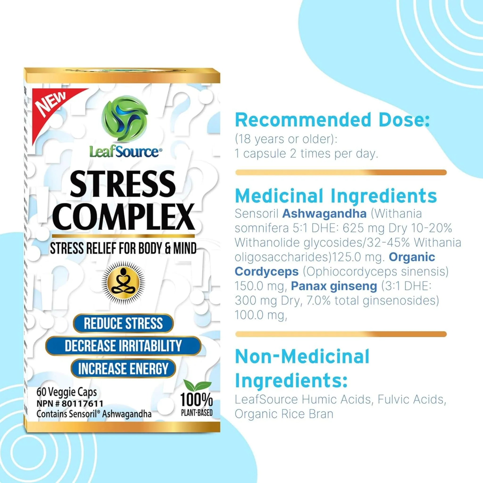 Leaf Source Stress Complex with Ashwagandha, Relieves Stress Symptoms, 60 Vegetable Capsules