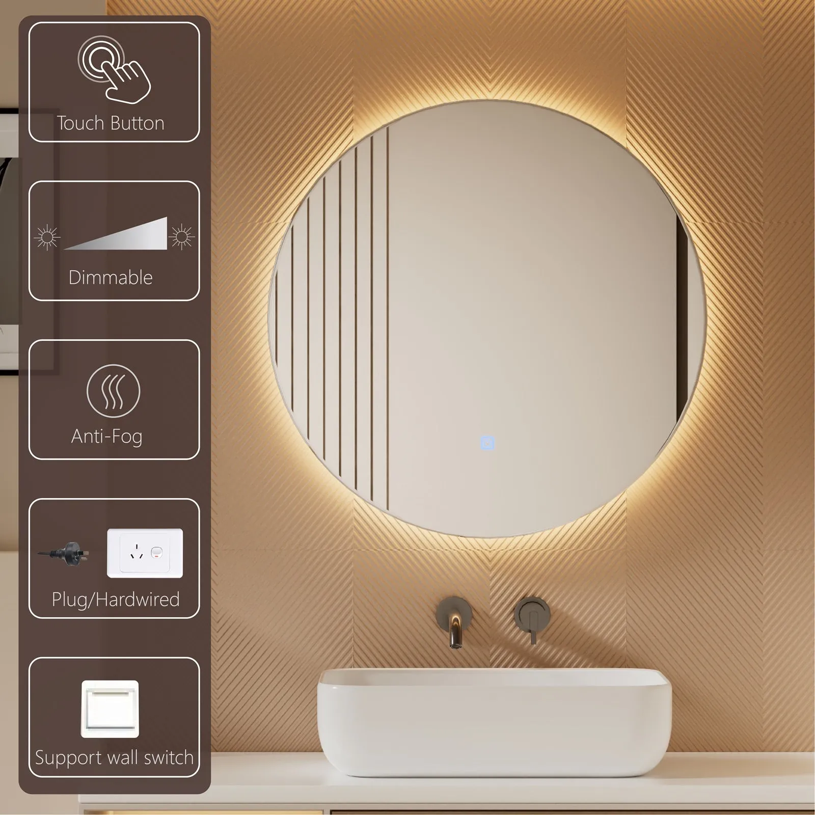 LED Round Bathroom Vanity Mirror Color Temperature Adjustable CCT Dimmable Lights