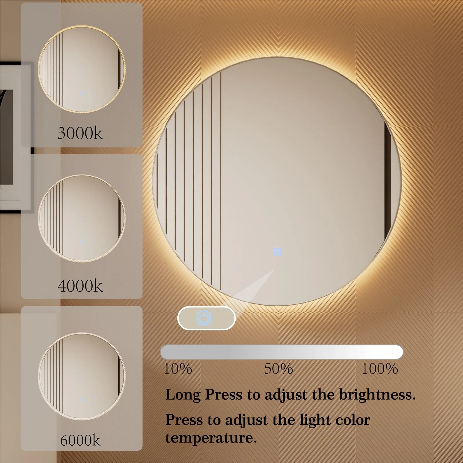 LED Round Bathroom Vanity Mirror Color Temperature Adjustable CCT Dimmable Lights