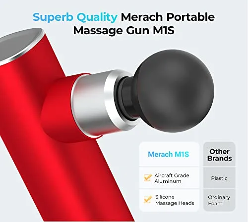MERACH Mini Massage Gun, Portable Deep Tissue Massager Gun with Aluminum Housing Silicone Massage Heads Handheld Percussion Muscle Massager Gun for Travel Office Gym, M1S, Red