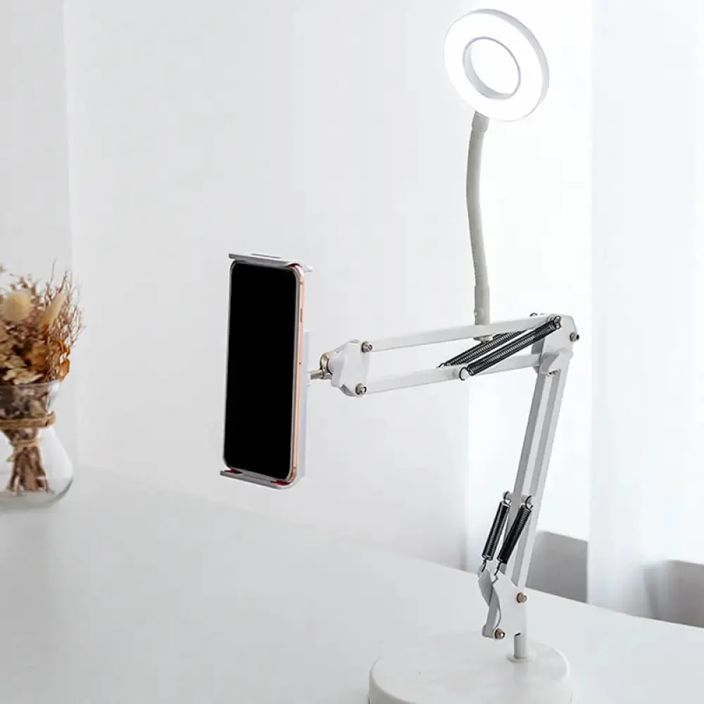 Modern LED Vanity Lighting with Extendable Arm - White Metal Circle Design with Mobile Phone Support