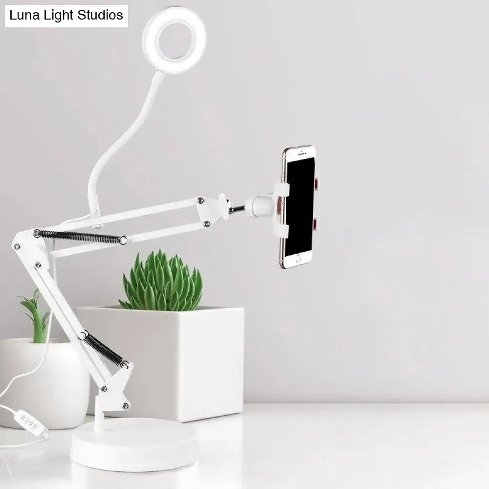 Modern LED Vanity Lighting with Extendable Arm - White Metal Circle Design with Mobile Phone Support
