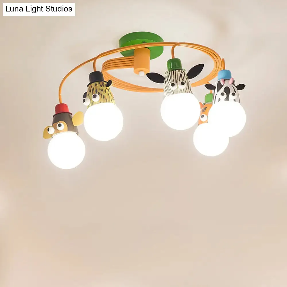 Orange Animal Socket Semi Flush Mount Ceiling Light for Kids' Kindergarten Room