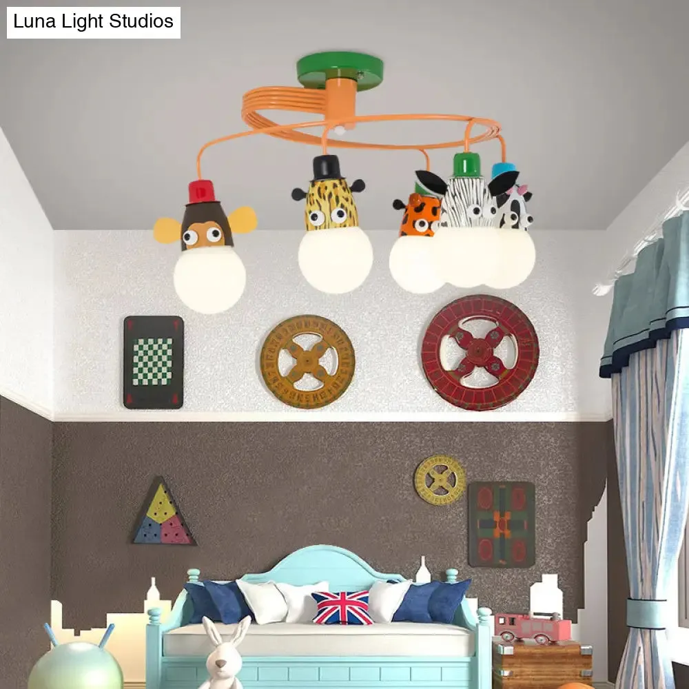 Orange Animal Socket Semi Flush Mount Ceiling Light for Kids' Kindergarten Room