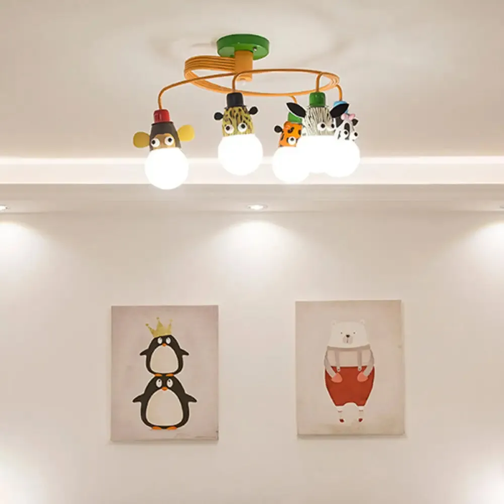 Orange Animal Socket Semi Flush Mount Ceiling Light for Kids' Kindergarten Room