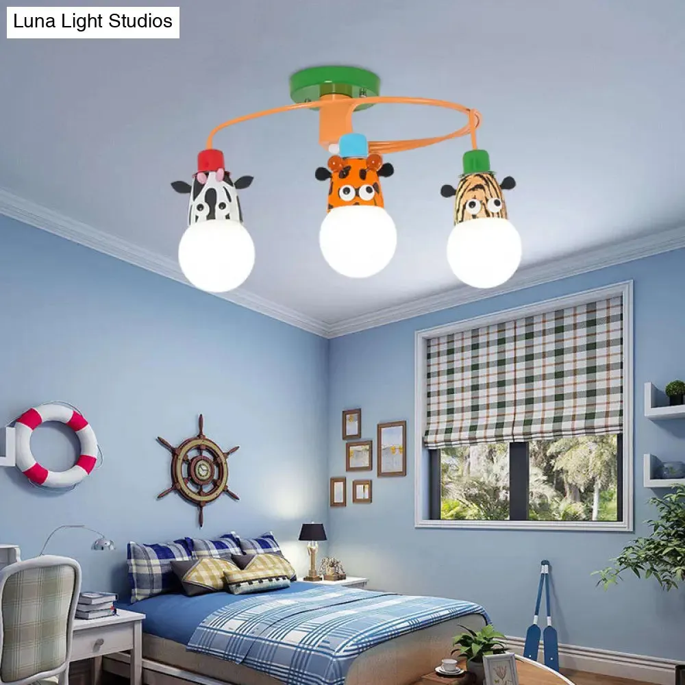 Orange Animal Socket Semi Flush Mount Ceiling Light for Kids' Kindergarten Room