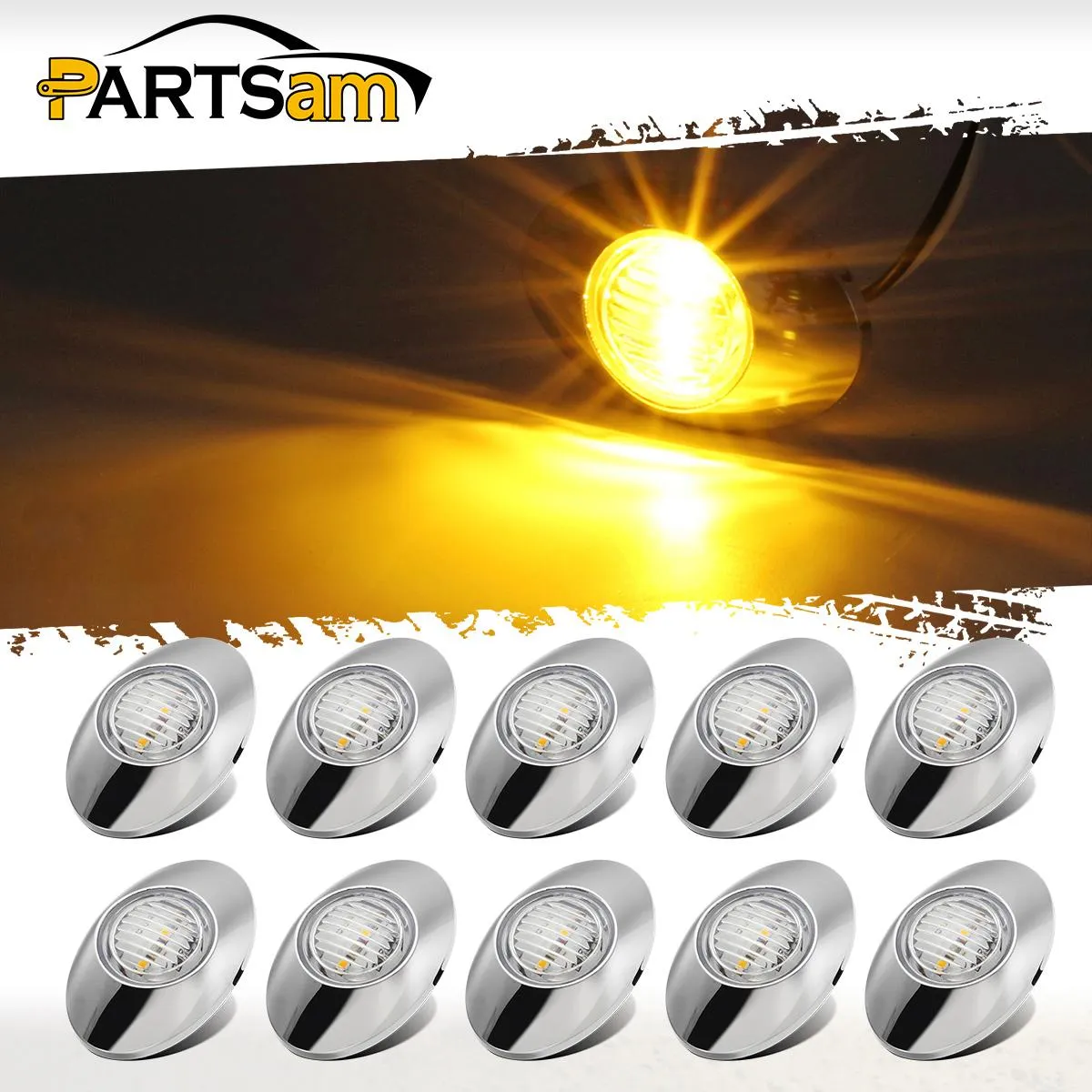 Partsam 10Pcs 3 inchx2 inch Clear Amber Mini Oval Side Marker Clearance Lights 3LED Chrome Replacement For Peterbilt 579 386 389 Drop Visor Front Breather Side Cab Panel Light Fender Guard