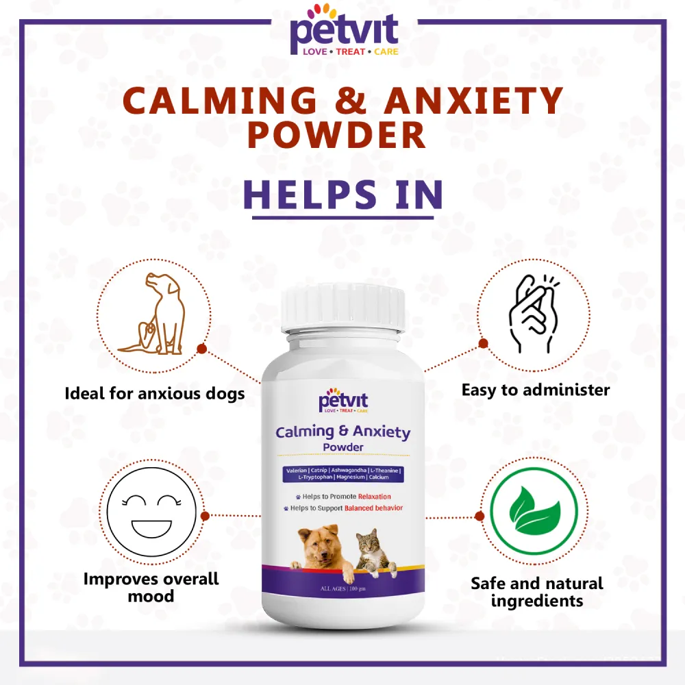 Petvit Calming & Anxiety Powder to Reduce Stress, Aggression & Anxiety for Dogs and Cats