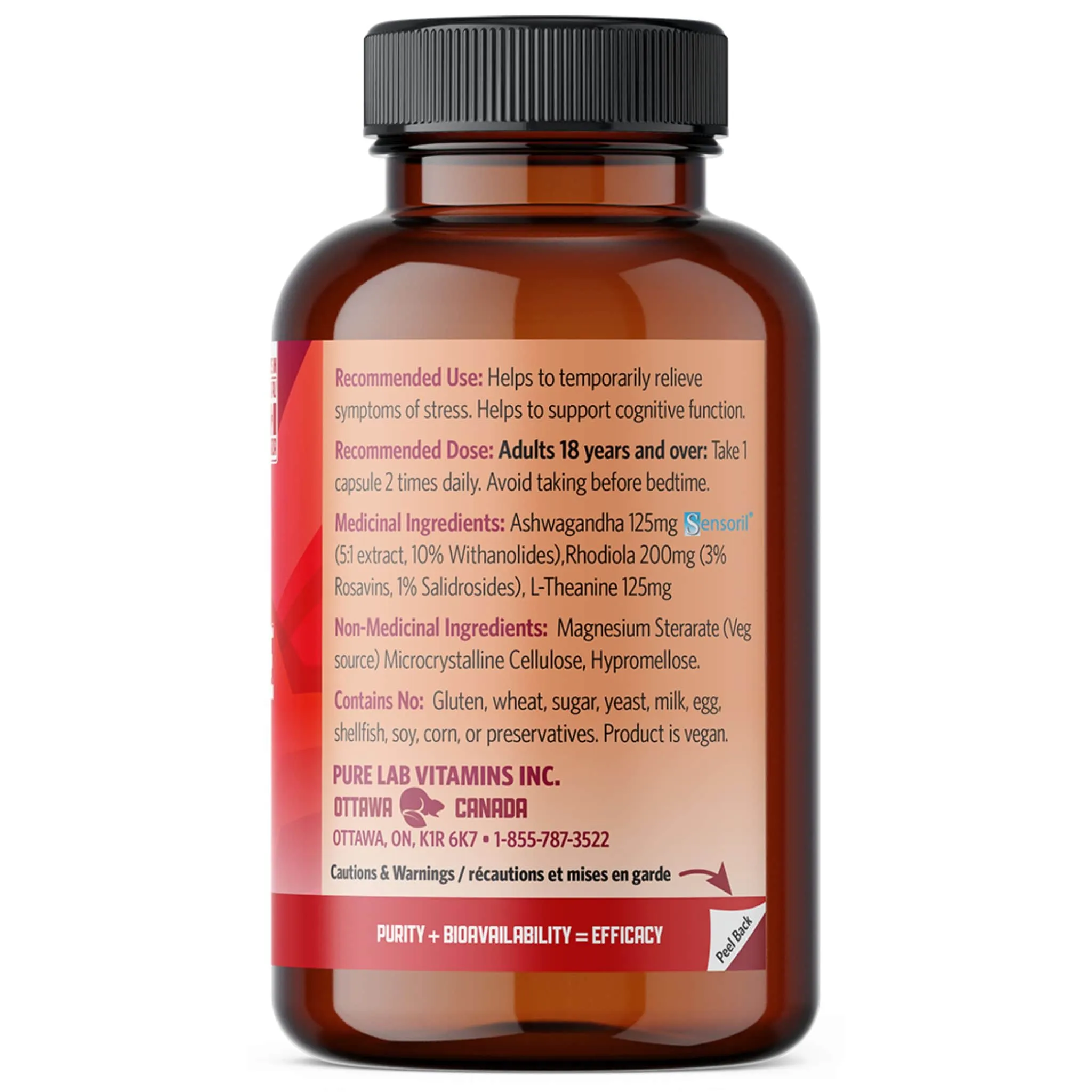 Pure Lab Vitamins AdaptaPure with Ashwagandha 125mg, Stress Relief, Energy, and Focus Support, 120 Vegetable Capsules